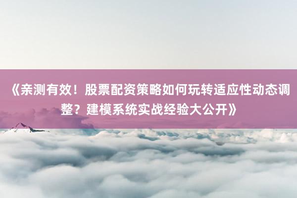《亲测有效！股票配资策略如何玩转适应性动态调整？建模系统实战经验大公开》
